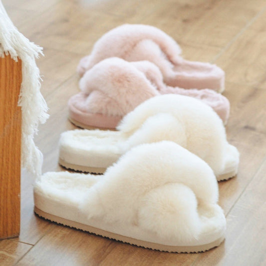 Women Fashion Warm Fluffy Slippers Cozy Faux Fur Cross Indoor Floor Slides Flat Soft Furry Ladies Female Celebrities Flip Flops
