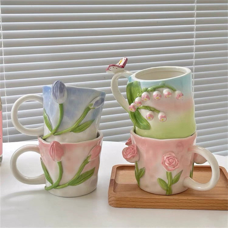 Girls' Heart Hand-painted Three-dimensional Tulip Rose Ceramic Cup Advanced Mug