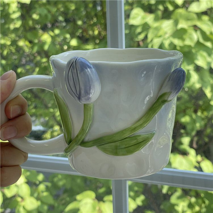 Girls' Heart Hand-painted Three-dimensional Tulip Rose Ceramic Cup Advanced Mug